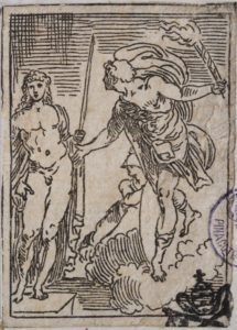 Prometeo anima una statua col fuoco celeste (da I funerali d'Agostino Carracci fatto in Bologna sua patria da gl'incamminati Accademici, Bologna, Benacci, 1603)